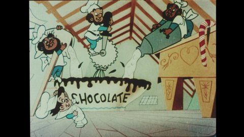 1960s Drive-In Movie Theater Advertisement for the Snack Bar. Animated Cartoon of Zany Elves Busy at The Candy Factory making Candy Canes, Taffy, and Chocolate.  