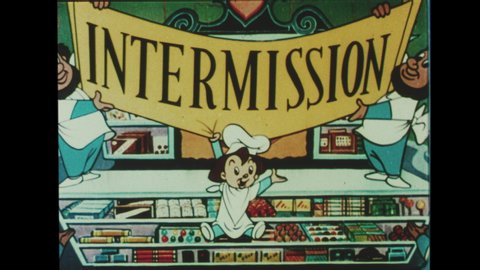 1960s  Animated Cartoon. Factory Whistle Blows and Elves Drive Out of The Candy Factory, Off the Silver Screen and through The Movie Theater. A Banner is Revealed Declaring Intermission. 