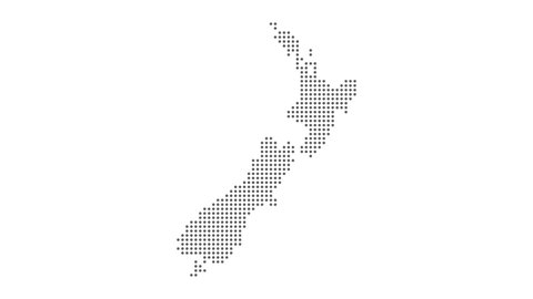 New Zealand Dotted Map Networking Particle Pixel Motion Graphic 4K. New Zealand abstract map is assembled from falling dots