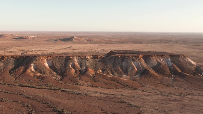 Aerial: Inspiring footage of the Breakaways, tourism scenic spot outside of Coober Pedy in the South Australian Outback.