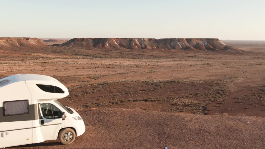 Aerial: Inspiring footage of the Breakaways, tourism scenic spot outside of Coober Pedy in the South Australian Outback.
