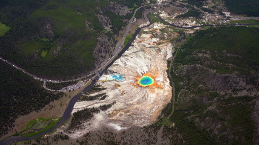 AERIAL High Over Grand Prismatic Spring, Yellowstone National Park, Wyoming