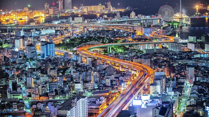 Osaka cityscape beautiful night view of Osaka Bay in Japan