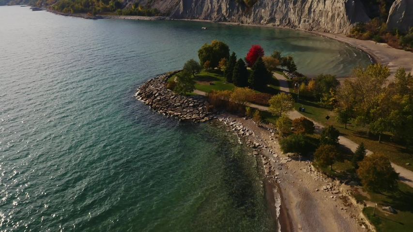 Aerial of beautiful Bluffers park on Lake Ontario shore. DOLLY IN