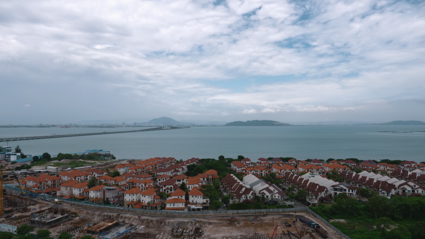 Building and Penang Bridge in George Town, Penang, Malaysia