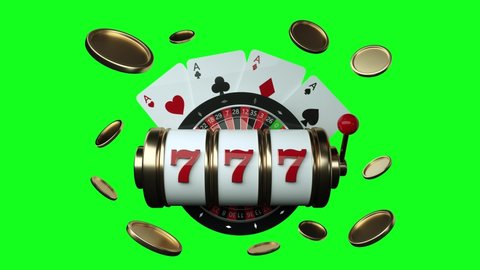 Gambling Concept, Slot Machine, Roulette Wheel And Four Aces With Golden Coins - 3D Illustration - Green Screen