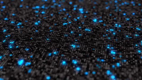 Futuristic big data coding blockchain black blue particle spin rotating random shining neuron lights modern artificial intelligence abstract mosaic motion animation background