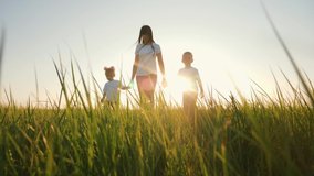 A happy family. Mom with children walks on a green field at sunset. Traveling and walking outdoors. The concept of happiness and health. Teamwork