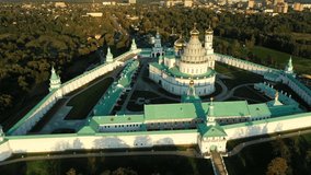 Aerial view  of the Voskresensky New Jerusalem stauropegial monastery in town Istra. Moscow region. Russia. Copter video