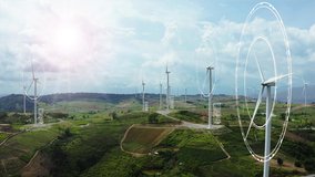 Aerial view of windmills with digitally generated holographic display tech data visualization. Wind power turbines generating clean renewable energy for sustainable development in a green ecologic way - Powered by Shutterstock - Get 15% off with code: PIKWIZARD15