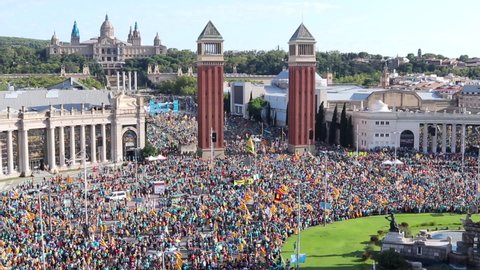 Barcelona, Catalonia / Spain - September 11, 2019: Aerial view of the catalan independentist rally at Plaça Espanya. La Diada, Catalonia's National Day.