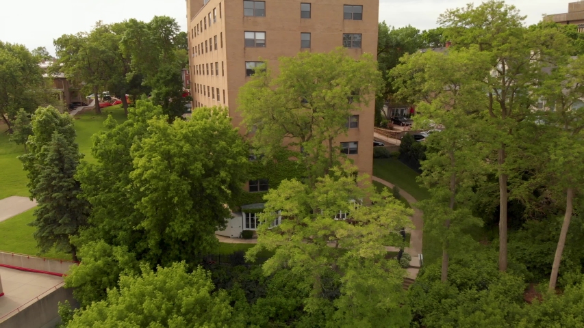 Aerial view of Madsion Wisconsin shore revealing the capital building surrounded by buildings in the downtown area