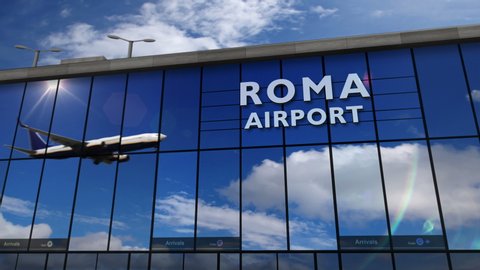 Jet aircraft landing at Roma, Italy 3D rendering animation. Arrival in the city with the glass airport terminal and reflection of the plane. Travel, business, tourism and transport concept.
