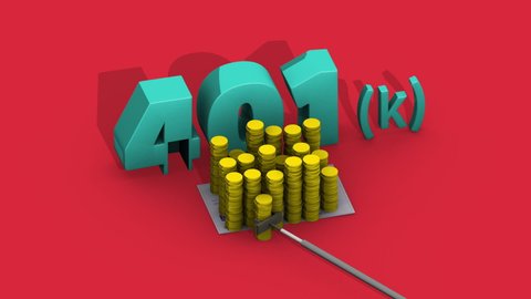 401k Animation with Saving from Paycheck Loop. animated isometric render of 401k Text and a paycheck rolls in with coins and a portion is put into 401k.With matte and ambient occlusion shadow passes