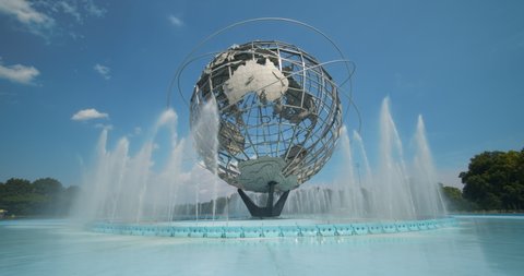 Queens, New York / United States - July 26 2019: The Unisphere from the 1964 Worlds fair in Flushing Meadow park.