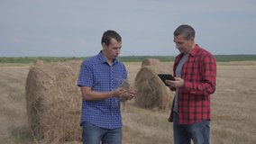 teamwork agriculture smart farming concept. two men farmers workers studying a haystack in a field on digital tablet. teamwork slow motion video. people agronomist lifestyle botanist farmers working