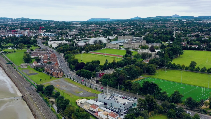 Aerial view over Blackrock, Rock road and train rails in Dublin county, Ireland