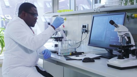 African-american scientist working in lab. Doctor making microbiology research. Biotechnology, chemistry, bacteriology, virology, dna and health care.