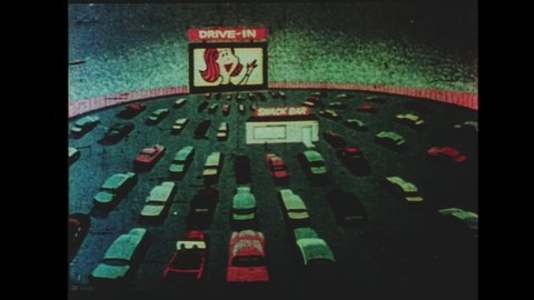 1960s Drive-in Movie Theater Intermission Announcement. Animated Cartoon Long Shot of Drive-In at Night with Snack Back. Alien Enters Refreshment Stand and Orders: 2 of Those Please. 