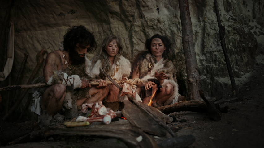 Tribe of Prehistoric Hunter-Gatherers Wearing Animal Skins Live in a Cave at Night. Neanderthal or Homo Sapiens Family Trying to Get Warm at the Bonfire, Holding Hands over Fire, Cooking Food Royalty-Free Stock Footage #1037018339