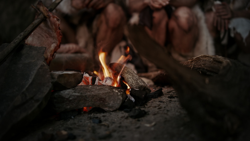 Tribe of Prehistoric Hunter-Gatherers Wearing Animal Skins Live in a Cave at Night. Neanderthal or Homo Sapiens Family Trying to Get Warm at the Bonfire, Holding Hands over Fire, Cooking Food. Closeup Royalty-Free Stock Footage #1037018342