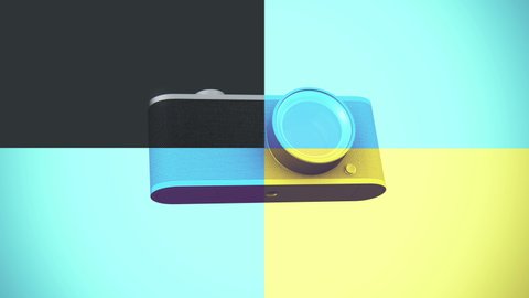 Digital camera in vintage style rotating on colorful background. 3d render loop animation.