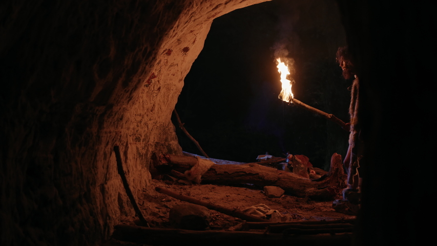 Primeval Caveman Wearing Animal Skin Exploring Cave At Night, Holding Torch with Fire Looking at Drawings on the Walls at Night. Cave Art with Petroglyphs, Rock Paintings. Side View Royalty-Free Stock Footage #1037019377