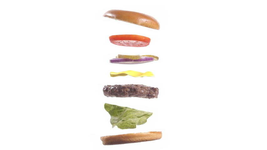 Big tasty burger with looping flying 
spinning ingredients on white background. Isolated. Endless loop. Burger with beef grilled cattle, cheese, onion, pickles, tomato. Royalty-Free Stock Footage #1037019578