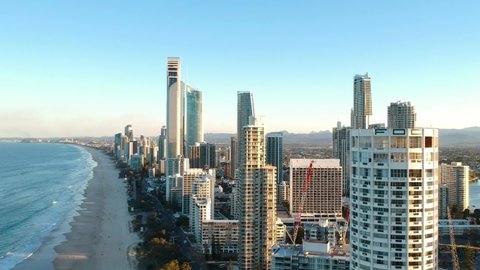 Surfers paradise , Queensland / Australia - 08 31 2019: Aerial view of the Gold Coast skyline showing urban growth in the area