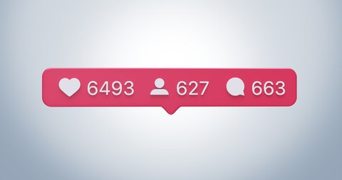4k animated red social media interface. Comments, followers, likes, notification. Numbers increase. Gray background.