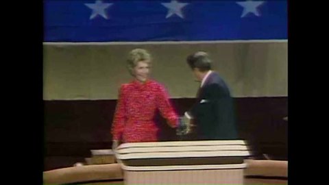 CIRCA 1984- Ronald and Nancy Reagan greet a crowd of supporters at a campaign rally.