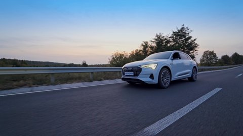 VINNITSA, UKRAINE - September 2019: Audi electric car on highway. Detail view of the Audi electric car