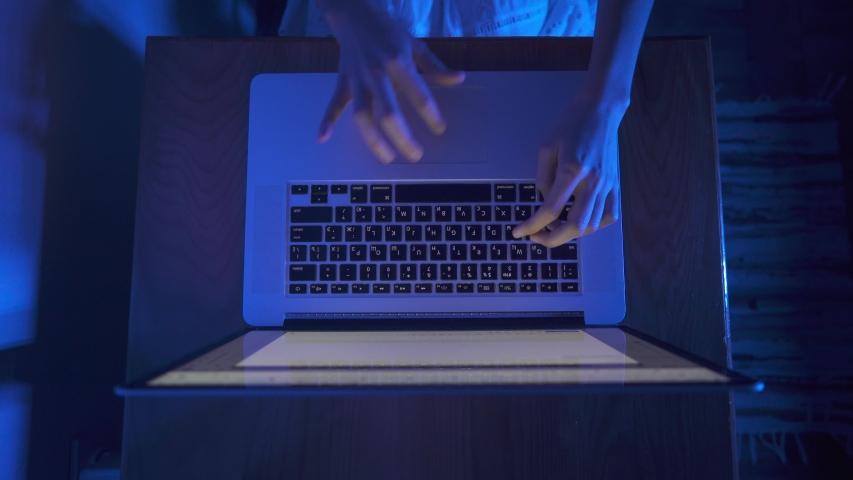 Girl typing message on a laptop, in the dark under blue light of the moon. Fingers running on keyboard. Freelance work. Computer. Night. Writing article, letter. Royalty-Free Stock Footage #1037050193