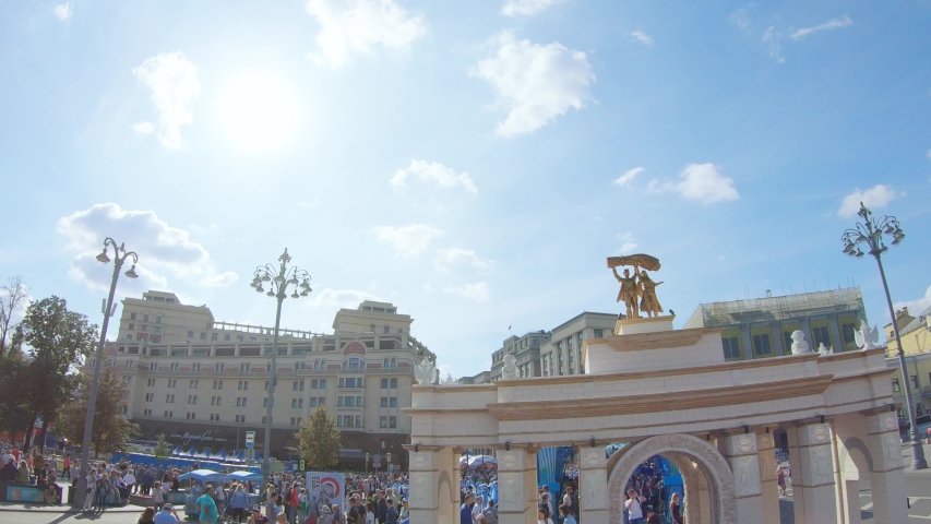 RUSSIA, MOSCOW - September 08, 2019: Layout of the main arch of VDNH park. During the celebration of the capital of Russia, Moscow birthday 872 years. Dancers, singers, animators and master classes