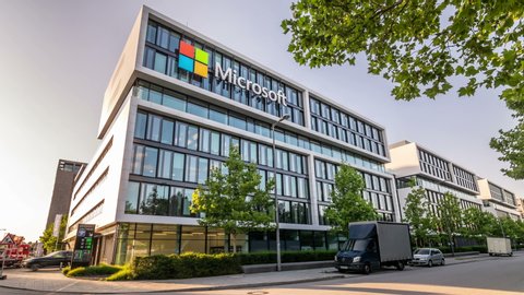 MUNICH, GERMANY - CIRCA 2019: Microsoft Germany Headquarters building in Munich. Time lapse video