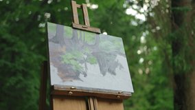 Half drawn landscape of a summer park. Figure how it is worth on. The drawing stands on an easel in the middle of the meadow in a green park. The author wants to paint a picture. - Powered by Shutterstock - Get 15% off with code: PIKWIZARD15