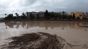 Segura river as it passes through the city of Murcia (Spain) during floods due to the atmospheric phenomenon DANA (cold drop) in September 2019.