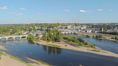 Aerial view over the Chateau d'Amboise, french medieval castle. August 2019.
