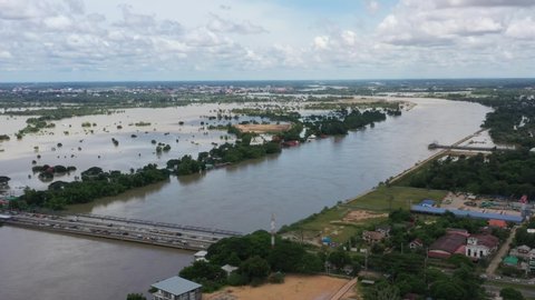 Aerial view of major floods Caused by river overflowing  Resulting in the northeast region Of Thailand adjacent to the Mun River Affected There is Ubon Ratchathani Province, Sisaket on September 14, 2