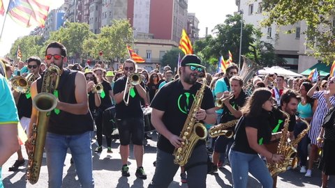 Barcelona, Catalonia / Spain - September 11, 2019: Street band named "Ho peta" playing in a catalan independence rally that took place during the National Day (La Diada)