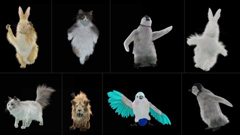 rabbit cat penguin penguins lion bird Zoo CG fur 3d rendering animal realistic CGI VFX Animation Loop Crowd dance composition 3d mapping cartoon, Included in the end of the clip with Alpha matte.