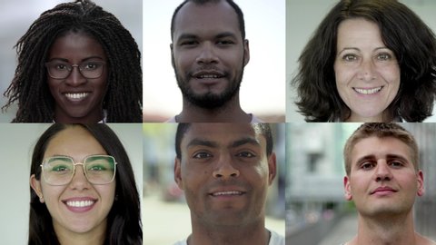 Collage of smiling men and women of different ethnicities. Faces of African American, Caucasian and Asian people looking at camera. Multiethnic concept