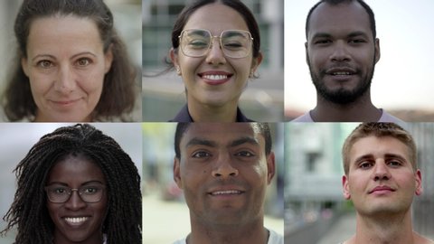 Collage of cheerful international human faces. Close-up of African American, Caucasian, Asian, Indian men and women looking at camera and smiling. Multiethnic concept