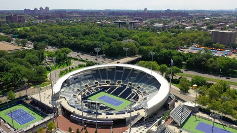 Queens, NY/United States - August 6, 2019: Aerial shots of the Grand Stand Stadium which is adjacent to the  famous Arthur Ash Stadium.  Home of the US Open Tennis Championship