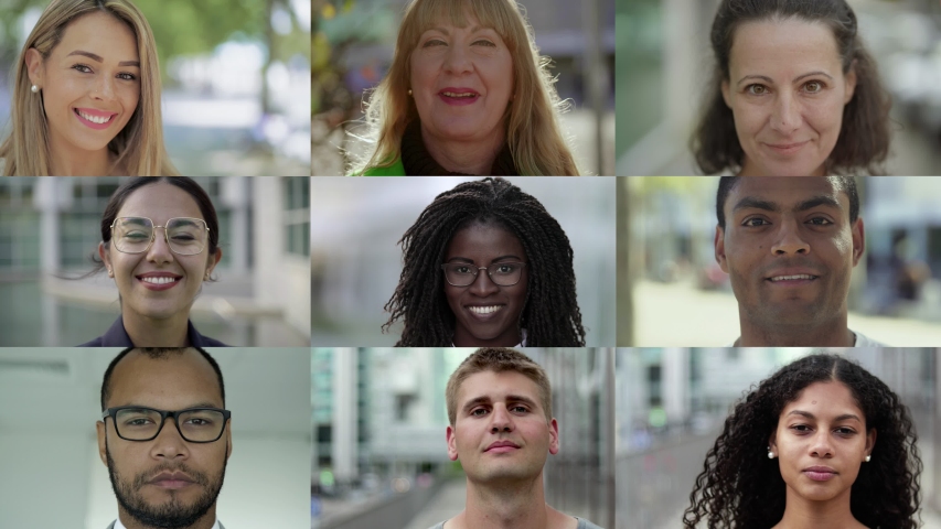 Collage of smiling multiethnic people looking at camera. Portraits of men and women of different race. Ethnicity variation concept | Shutterstock HD Video #1037106905