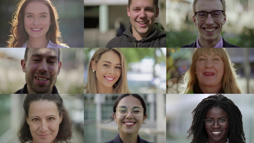 Montage of positive citizens smiling at camera. Multiscreen of young and middle-aged people in urban background. Ethnicity variation concept | Shutterstock HD Video #1037106917