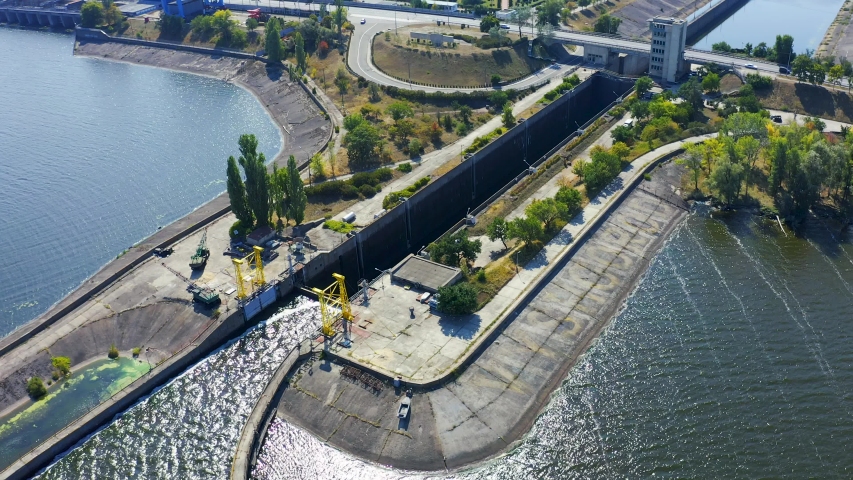Kiev Hydroelectric Station. Power plant on the Dnieper River in Vyshgorod, Ukraine. Aerial view 4k
