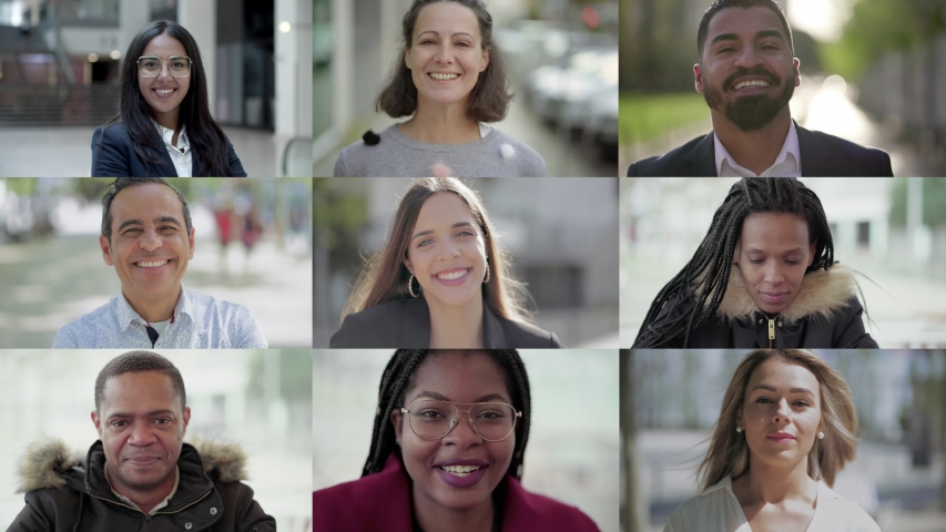 Group of confident multiracial people posing. Multiscreen montage, split screen collage. Ethnicity variation concept | Shutterstock HD Video #1037110313
