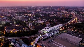 High angle view on Sandal Soap Factory metro station and Yeswanthpur industrial park day to night time lapse zoom out