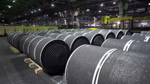 Warehouse graphite coils at the electrode factory in Russia. Production facility